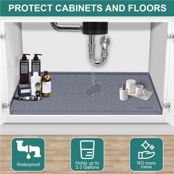 Under Sink Mat, 34" x 22" Waterproof Silicone Under Sink Tray  (Grey) - Picture 5 of 7